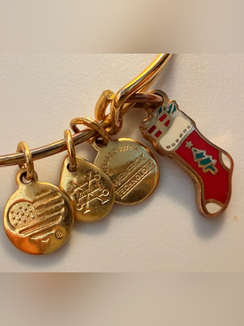 Alex and Ani Gold Holiday Stocking Charm Bangle with Red Enamel Stocking